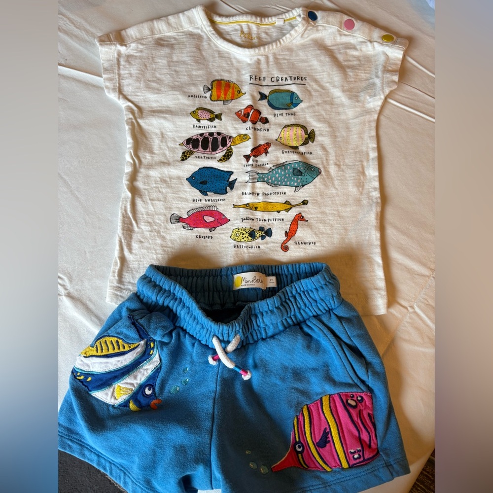 Mini Boden White Tee and Blue Fish Shorts Set Size 6Y